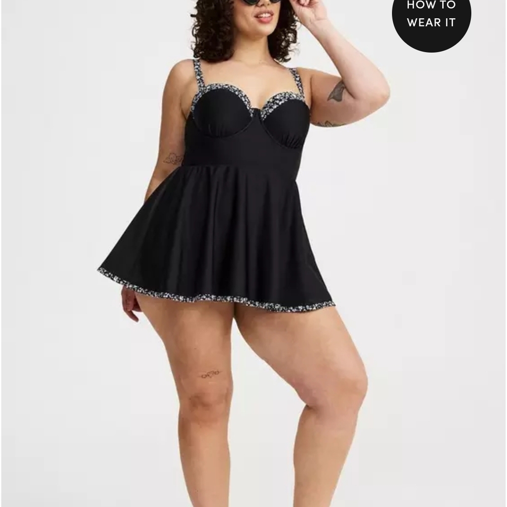 TORRID Black Swimdress with Floral-Trim